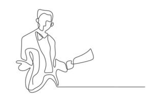 desenho de linha contínua de um homem em pé fazendo um discurso vetor