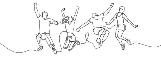 desenho contínuo de uma linha de membros da equipe pulando felizes vetor