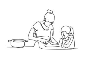 desenho de linha contínua de mãe e filha cozinhando uma comida. vetor