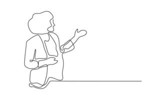 desenho de linha contínua de uma menina em pé fazendo um discurso vetor