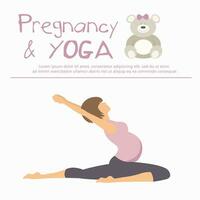 gravidez e ioga conceito. grávida mulher fazendo ioga poster. plano vetor ilustração