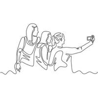 Contínuo um desenho de linha de grupo de pessoas selfie. vetor