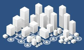 cidade mapa da área urbana luzes noturnas isométricas ultravioleta ilustração 3d arquitetura cidade rua com muitas casas de construção e arranha-céus, ruas, árvores e veículos vetor