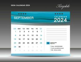 escrivaninha calendário 2024 - setembro 2024 modelo, calendário 2024 Projeto modelo, planejador, simples, parede calendário projeto, semana começa em Domingo, impressão, anúncio, azul aguarela fundo, vetor