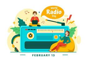 mundo rádio dia vetor ilustração em 13 fevereiro para comunicação meios de comunicação usava e ouvindo público dentro plano desenho animado fundo Projeto