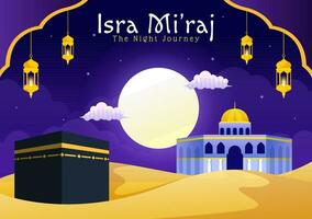 isra mi'raj vetor ilustração. tradução a noite viagem profeta Maomé. com mesquita e lanterna dentro islâmico feriado plano desenho animado fundo