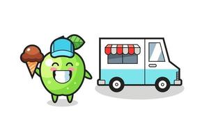 desenho de mascote de maçã verde com caminhão de sorvete vetor