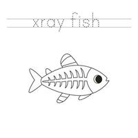 vestígio a cartas e cor desenho animado raio X peixe. caligrafia prática para crianças. vetor
