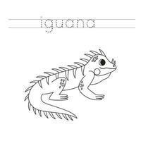vestígio a cartas e cor desenho animado iguana. caligrafia prática para crianças. vetor