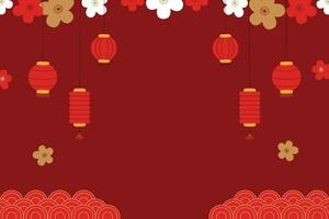 feliz chinês Novo ano com flor, lanterna, asiático elementos ouro em vermelho fundo. vetor