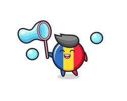 desenho animado do emblema da bandeira feliz da Romênia jogando bolha de sabão vetor