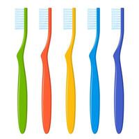 multicolorido escovas de dentes, definir. dental limpeza ferramentas. manual dente higiênico equipamento. odontologia oral proteger com lidar com pêlos. dentes saúde e beleza. vetor ilustração.