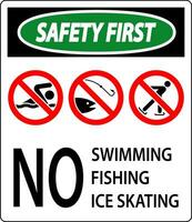 proibição placa segurança primeiro - não natação, pescaria, gelo patinação vetor