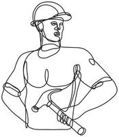 trabalhador braçal segurando um martelo olhando para o lado do desenho de linha contínua vetor