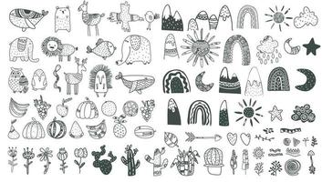 elementos infantis escandinavos. desenhos de plantas, animais estilo boho