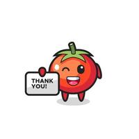 mascote do tomate segurando uma faixa que diz obrigado vetor