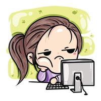ilustração dos desenhos animados de uma mulher entediada trabalhando no computador vetor