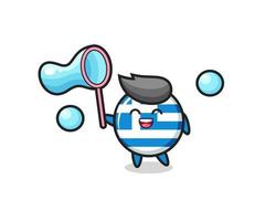 desenho animado da bandeira da grécia feliz jogando bolha de sabão vetor
