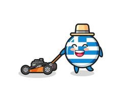ilustração do personagem da bandeira da Grécia usando cortador de grama vetor