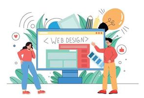 um homem e uma mulher estão envolvidos no design de sites. designers da web vetor