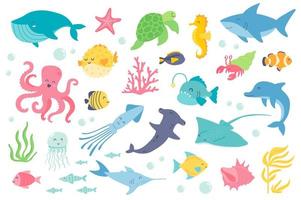 conjunto de objetos isolados de animais e peixes subaquáticos vetor