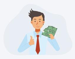 empresário feliz segurando dinheiro dólar e polegar para cima. conceito de dinheiro vetor