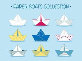 conjunto de nove barcos de papel de origami fofos vetor