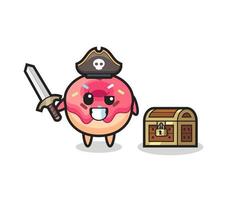 o personagem pirata donut segurando uma espada ao lado de uma caixa de tesouro vetor