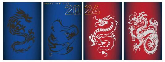 feliz chinês Novo ano 2024. conjunto do cartazes com dragões. Preto e branco Dragão. vermelho e verde fundo. vetor ilustração