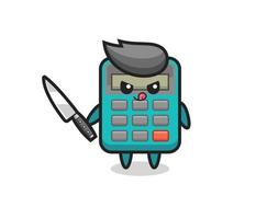 mascote da calculadora fofa como um psicopata segurando uma faca vetor
