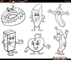 desenhos animados alimentos objetos conjunto de personagens para colorir página de livro vetor