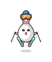 personagem mascote do pino de boliche como jogador de esqui vetor