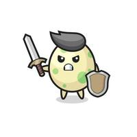 soldado de ovo manchado fofo lutando com espada e escudo vetor