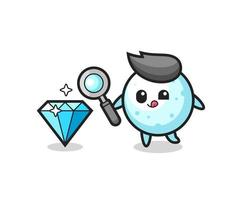 mascote da bola de neve está verificando a autenticidade de um diamante vetor