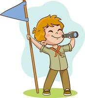 ilustração do uma criança escoteiro segurando uma bandeira e olhando às a Câmera vetor