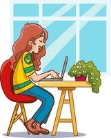 mulher trabalhando em uma computador portátil às lar. vetor ilustração dentro desenho animado estilo.