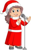 desenho animado pequeno menina cantando dentro Natal traje vetor