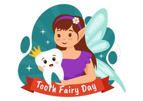 nacional dente fada dia vetor ilustração com pequeno menina para Socorro crianças para dental tratamento em forma dentro plano desenho animado fundo Projeto