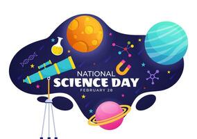 nacional Ciência dia vetor ilustração em fevereiro 28 relacionado para químico líquido, científico, médico e pesquisa dentro plano desenho animado fundo