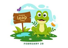 feliz salto dia vetor ilustração em 29 fevereiro com pulando sapos e lagoa fundo dentro feriado celebração plano desenho animado Projeto