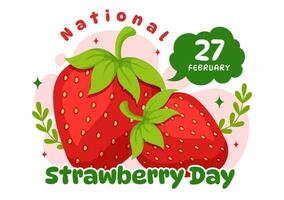 nacional morango dia vetor ilustração em fevereiro 27 para comemoro a doce pequeno vermelho fruta dentro plano desenho animado fundo Projeto