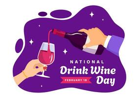 nacional beber vinho dia vetor ilustração em fevereiro 18 com vidro do uvas e garrafa dentro plano desenho animado roxa fundo Projeto