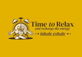Tempo para relaxar. alarme relógio mascote personagem dentro meditação pose vetor
