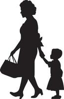 uma mulher indo para escola com dela criança vetor silhueta 7