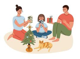 Natal presente caixa troca cena. feliz família cumprimento dando presente cada outro. inverno natal feriado. plano vetor ilustração.