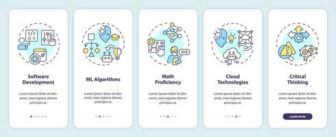 2d multicolorido ícones representando ai engenheiro Móvel aplicativo tela definir. passo a passo 5 passos gráfico instruções com fino linha ícones conceito, interface do usuário, ux, gui modelo. vetor