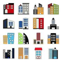 pacote de ícones planos de edifícios e torres vetor