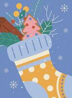 feliz Novo ano e alegre Natal cumprimento cartão com meia e decoração, galhos, flocos de neve, presente caixas, folhas, canela. vetor