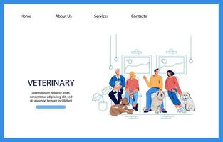 veterinário clínica local na rede Internet bandeira modelo com pessoas e animais de estimação desenho animado personagens, plano vetor ilustração. veterinario médico Serviços publicidade página da web brincar.