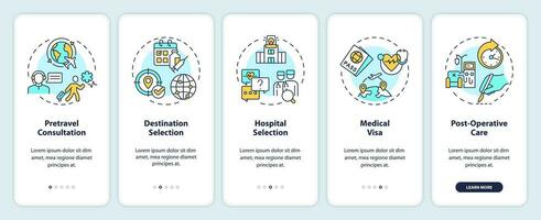 2d ícones representando médico turismo Móvel aplicativo tela definir. passo a passo 5 passos multicolorido gráfico instruções com linear ícones conceito, interface do usuário, ux, gui modelo. vetor